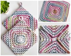 crocheted dishcloths and potholders are shown in three different colors, one is