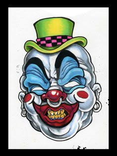 a drawing of a clown's face with a green hat on top of it