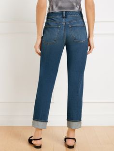 Our favorite jeans of the season with a slightly relaxed leg for an easygoing fit. Crafted with a hint of stretch and Five Pocket styling. Wear them rolled or unrolled to suit your mood. Features Relaxed Leg Hits At Waist Ankle Length Fly front with button closure Five pocket Imported Fit: Rolled: Misses: 27"; Petite: 24 1/2"; Plus: 27"; Plus Petite: 24 1/2"; Unrolled: Misses: 29 3/4"; Petite: 27 1/4"; Plus: 29 3/4"; Plus Petite: 27 1/4" Material: 90% Cotton, 9% Rayon, 1% Spandex Care: Wash Before Wearing, Turn Garment Inside Out, Machine Wash Cold With Like Colors, Only Non-Chlorine Bleach When Needed; Tumble Dry Low, Warm Iron If Needed | Everyday Relaxed Leg Jeans - Sonia Wash Talbots Favorite Jeans, Modern Classic, Suits You, Ankle Length, Leg Jeans, Inside Out, Turn Ons, How To Wear