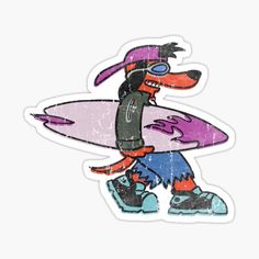 a cartoon dog carrying a surfboard sticker