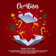 christmas greeting card with gift boxes and presents on red background, merry new year illustration