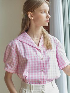 Editor's Notes This lightweight, airy shirt features lovely gingham check pattern throughout. It is accentuated with wide sailor collar design and shirred puff sleeves for feminine mood. - Airy cotton fabric - Natural, standard silhouette- Casual front pocket detail- Tucked sleeves for added volume- Button fastenings through front* Natural cotton fabric could show irregular texture. Measurements(in.)Size One Size(XS-M)- Length: 22.05 in - Shoulder: 18.70 in - Bust: 21.65 in - Sleeve length: 8.46 in - Sleeve width: 9.84 in * Model info: Height 5' 8 Bust 30 Waist 23 Hip 35Composition & Care- 100% Cotton - Hand Wash or Dry Cleaning - Do not twist Designer- by NONLOCAL Check Shirt Outfit Women Casual, Check Shirt Outfit Women, Gingham Shirt Outfit, Button Shirt Outfit, Checked Shirt Outfit, Sailor Collar, Clothes Wishlist, Gingham Check, Collar Designs