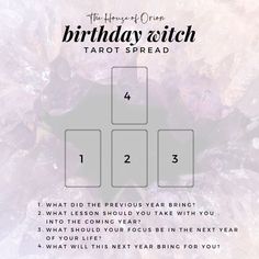 the happy one birthday witch tarot spread is shown with four squares and numbers on it