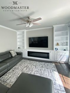 the living room is clean and ready to be used for tvs, bookshelves, and more