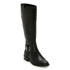 Step out in style and comfort with these St. John's Bay women's Roslyn riding boots which combine a classic equestrian aesthetic with modern details. Crafted from faux leather with a rubber sole, they feature a smooth finish, a chic textured panel at the top, a buckle on the side, a 1-inch heel, memory foam insoles, and a zipper closure for easy on and off. Wear them with jeans, skirts, or dresses.Features: Memory FoamClosure Type: Side ZipperFootwear Technology: Memory Foam InsoleShaft Circumfe Wide Calf Riding Knee-high Boots For Winter, Wide Calf Knee-high Riding Boots, Knee-high Riding Boots With Buckle Closure, Equestrian Aesthetic, Textured Panels, Black Riding Boots, Wide Calf, Stacked Heel, Boots Black