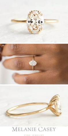 three different views of an engagement ring with the center stone in white and yellow gold