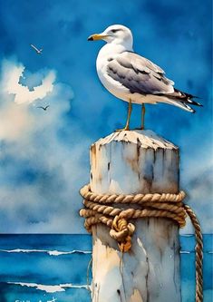 a painting of a seagull sitting on top of a wooden post