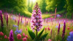 a field full of purple and pink flowers with the sun shining through the trees in the background