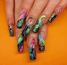 These are awesome.... Love all the bright colors on black..... Ed Hardy Nails, Fab Nails, Fingernail Designs, Finger Nail Art, Colorful Nail, Long Nail, Nail Stuff, Colorful Nail Designs