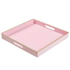 a pink tray with gold trimmings on the bottom and sides, in front of a white background