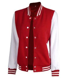 Womens Red and White Varsity Jacket | Letterman Style Red Outerwear With Ribbed Cuffs And Baseball Collar, Casual Red Outerwear With Stand Collar, Red Cotton Varsity Jacket With Pockets, University Red Varsity Jacket For Fall With Long Sleeves, Red Varsity Jacket With Ribbed Cuffs For Fall, University Red Varsity Jacket For Fall, University Red Long Sleeve Varsity Jacket For Fall, Red Varsity Jacket With Pockets For Fall, Red Sporty Outerwear With Baseball Collar