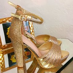 Gold Heeled Ankle Srap, Open Toe, Cone Heel, Glitter, Under High Heel 4.7 Inches, Leather Lining Pumps Size 36 Brand New Never Worn Without The Box. Gold Heels With Ankle Strap And 4-inch Heel, Gold Closed Toe Heels With 4-inch Heel, Glamorous Gold Ankle-high Heels, Gold-tone Open Heel Evening Heels, Gold Ankle-high Heels With 4-inch Heel, Shein Shoes, Gold Platforms, Gold High Heels, Gold Pumps