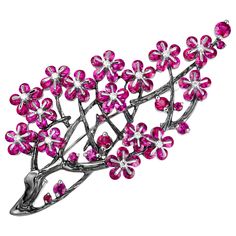 Inspired by traditional Chinese painting "Guo Hua", MOISEIKIN has created an exquisite plum brooch (Mei Hua) using the internationally patented technology "Waltzing Brilliance®." It is the first jewel to combine the Asia's traditional taste and innovation. Flawless and passionate rubies set in the unique mounting rotate freely as ballerinas, releasing the maximum light. The branches coated with black rhodium are artistically designed with the detail just like Asia's calligraphic art. Radiant rub White Gold Ruby Ring, Fancy Sapphire, Ruby Ring Gold, Gold Baroque, Bee Brooch, Brooch Bouquets, Diamond Brooch, Gold Brooches, Brooches Handmade