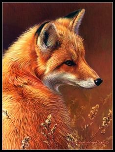 a painting of a red fox sitting in the grass with its head turned to the side