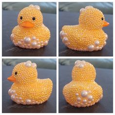 four pictures of a yellow rubber duck with pearls