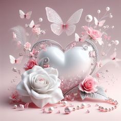 a white heart surrounded by pink roses and butterflies on a pink background with pearls, crystals and jewels