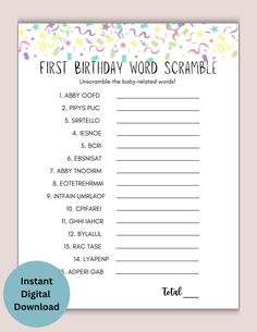 printable first birthday word scramble