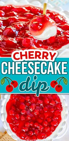 cherry cheesecake dip recipe with cherries on top and the words cherry cheesecake dip above it