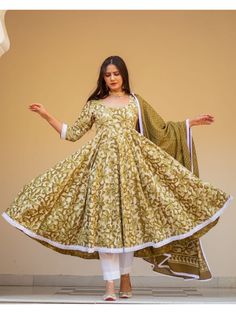 Fabric = Premium Cotton  Work = Printed, Lace Work  Neck = Boat  Sleeves = 3/4 Sleeves   length = Mid Calf 48", Pant 38", Dupatta 2.1 Mtr  Color = Green, White  Stitched item = Yes    Modified item  = No  Size S to XXL (36 to 44)  Care- HAND WASH    We are an Manufacturer all Women Dresses.    Instructions: Machine Wash / Hand Wash    This Fabric Makes This Kurti Pant Soft And Super Comfortable To Wear All Day Long.   Pair Up This Kurti With Palazzo And Dupatta     This Kurti Dress Will Give You Indian Party Wear Dresses, Cotton Anarkali Suits, Green Anarkali, Dabu Print, Cotton Anarkali, Cotton Frocks, Anarkali Kurti, Indian Party Wear, Anarkali Gown