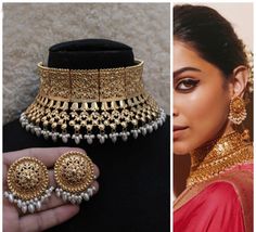 This is a beautiful antique gold choker set with matching earrings and comes with pearl details. It can be worn fir a statement look or complete bridal set as well. Indian Choker, Jewelry Pakistani, Choker Necklace Designs, Sabyasachi Jewellery, Bridal Choker, Indian Necklace, Bollywood Jewelry, Pakistani Jewelry, Gold Bead Necklace