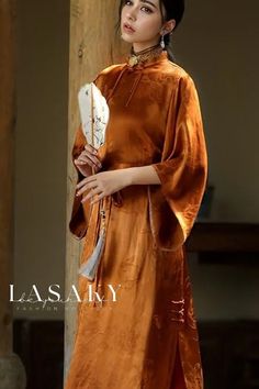 Lasaky - Sophisticated Womens Silk Brocade Dress featuring Exquisite Floral Embroidery and Adjustable Self-Tie Waistband Dress With Floral Embroidery, Rayon Skirt, Brocade Dress, Brocade Dresses, Silk Brocade, Flared Sleeves, Elegant Woman, Types Of Collars, Skirt Length