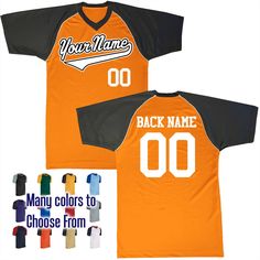 an orange and black baseball jersey with the words back name 00 in white on it