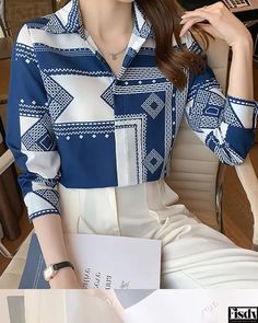 Fisdy - Camisa de manga larga con estampado geométrico Chic Type, Top Shirt Women, Fashion Seasons, Shirt Pattern, Geometric Print, Clothing Patterns, Types Of Shirts, Fashion Prints, Sleeve Styles