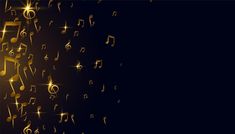 golden musical notes are falling from the sky and into the air on a black background