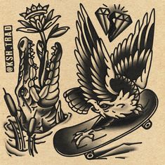 an old school tattoo design with birds and skateboards