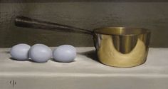 three white eggs and a brass cup on a shelf with a baseball bat in it