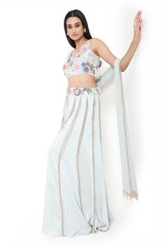 Sea foam blouse featuring flowers with bead and thread embroidered. Paired with a sharara that has  choli with silk sharara and a dupatta with hanging tassels. - Aza Fashions Floor-length Wedding Sets With Tassels, Fitted Wedding Sets With Tassels, Wedding Sets With Tassels And Fitted Design, Silk Sharara, Hanging Tassels, Embroidered Sharara, Georgette Dupatta, Payal Singhal, Sharara Set