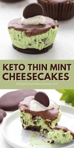 chocolate mint mini cheesecakes on a white plate with the text overlay that reads, keto thin mint cheesecakes