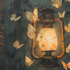 a lantern with butterflies flying around it on a dark blue background, surrounded by moths