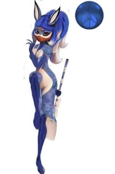 a cartoon character is holding a baseball bat and wearing a blue outfit with ears on her head