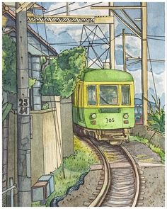 a watercolor painting of a green train coming down the tracks