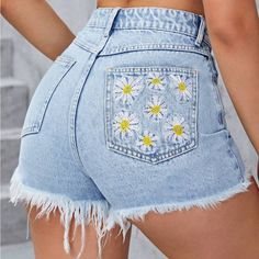 Brand New Embroidered Denim Shorts. Never Worn Embroidered Daisy Flowers On The Right Side Back Pocket. Summer Embroidered Cotton Jeans, High Waist Denim Blue Bottoms With Floral Embroidery, High-waist Denim Blue Bottoms With Floral Embroidery, Casual Embroidered Jean Shorts For Summer, Casual Embroidered Jeans For Summer, High Waist Denim Bottoms With Floral Embroidery, Summer Cotton Jeans With Floral Embroidery, Trendy Embroidered Mid-rise Bottoms, Cute Embroidered Spring Jeans