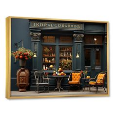 an image of a restaurant with yellow chairs and tables in front of the storefront