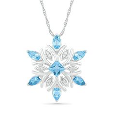 This 4.0mm princess-cut and 5.0 x 3.0mm marquise-cut blue topaz with 1/20 ct. t.w. round diamond snowflake pendant is set in sterling silver. The design slides along an 18.0-inch rope chain that secures with a spring-ring clasp. Sterling Silver Snowflake Jewelry For Anniversary, Diamond White Cubic Zirconia Snowflake Jewelry, Diamond White Snowflake Jewelry For Anniversary, White Snowflake Fine Jewelry, Fine Jewelry Snowflake Cubic Zirconia, Snowflake Shaped Cubic Zirconia Fine Jewelry, Fine Jewelry Snowflake Jewelry For Anniversary, Blue Snowflake Sterling Silver Necklace, White Gold Diamond Snowflake Jewelry