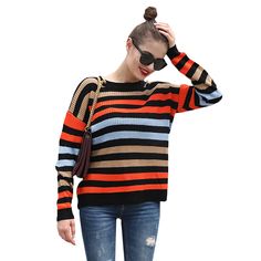 Black Multicolor Stripes Knit Sweater Trendy Striped Sweater For Fall, Striped Color Block Sweater For Winter, Winter Striped Color Block Sweater, Trendy Fall Sweater With Color Matching, Black Casual Acrylic Cardigan, Casual Color Block Sweater For Fall, Multicolor Sweater With Color Matching For Fall, Trendy Black Color Block Cardigan, Casual Striped Acrylic Sweater