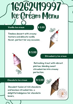 an ice cream menu with different flavors