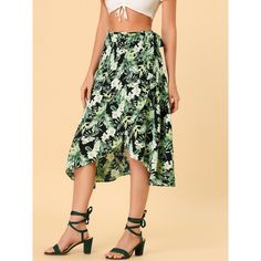 This skirt is features floral, self tie wrap design, asymmetrical hem, and midi length, adding flowy and charming feel to your vacation look. Flowy hem and tropical floral pattern make this skirt a perfect pieace for summer vacastion, trip, beach, weekend, party, holiday, etc. Pair with crop top and sandals for many occasions. Summer Rayon Skirt For Vacation, Green Printed Skirt For Vacation, Printed Green Skirt For Vacation, Summer Vacation Rayon Skirt, Vacation Floral Print Rayon Skirt, Summer Asymmetrical Wrap Skirt With Tie Waist, Vacation Rayon Skirt With Floral Print, Spring Vacation Wrap Skirt With Tie Waist, Spring Vacation Skirt With Tie Waist