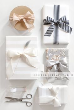 several different types of gift wrapping with ribbons and bows