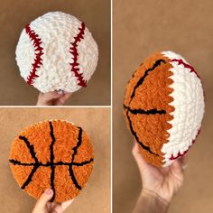 three photos of a hand holding a crocheted basketball