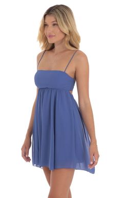 Chiffon Babydoll Dress in Slate Blue | LUCY IN THE SKY Blue Hoco Dress, Chiffon Babydoll Dress, School Dance Dresses, Cute Homecoming Dresses, Into The Blue, Lucy In The Sky, Semi Formal Dresses, Hoco Dresses, Slate Blue