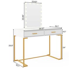 the vanity table is shown with its mirror and lights on it, as well as measurements for