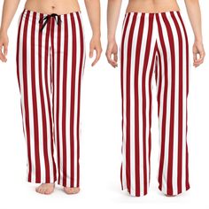 Fun Red and White candy stripes make these the coolest casual lounge pants. Pajamas for bedtime or just comfy casual pants for kicking back around the house.  Men's version here: https://www.etsy.com/listing/1345071626/ 100% polyester jersey knit fabric, along with the relaxed fit, makes for the ultimate comfort choice for casual pants at home. Meanwhile, the back elastic with the drawstring tie creates the perfect fit! 100% polyester - White seam thread - Light fabric (6 oz/yd² (203 g/m - Relaxed comfort fit - Back elastic and black drawstring tie - Sewn-in care label - Assembled in the USA from globally sourced parts red and white stripe,lounging pants,polyester pants,sleep pants,basketball stripes,lounge pants,basketball pants, Striped Lounge Pants, Basketball Pants, White Candy, Polyester Pants, Sleep Pants, Sleep Shorts, Candy Stripes, Jersey Knit Fabric, Red And White Stripes