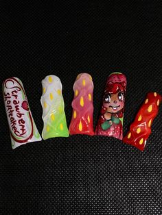 I hand paint my poly based nails  They come in different lengths and shapes, just note the smaller the nails the less details that can be added Happy shopping Character Nail Designs, Care Bear Nails, Strawberry Shortcake Nails, Blue Care Bear, Bear Nails, Sims 4 Nails, Junk Nails, Duck Nails, Gel Acrylic Nails