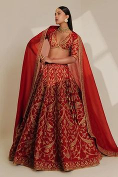 Red pure raw silk lehenga with attached can-can, all over vintage jaal zari and sequin hand embroidery. Paired with deep V neck embroidered blouse and pure silk organza dupatta.
Components: 3
Pattern: Hand Embroidered
Type Of Work: Zari and Sequin Work
Neckline: Deep V Neck
Sleeve Type: Half Sleeves
Fabric: Pure Raw Silk, Dupatta: Pure Silk Organza
Color: Red
Other Details: 
Floral and scalloped embroidered borders
Inverted V hem on blouse
Cut work back
Closure:
Lehenga: Side tasselled tie-up
Bl Raw Silk Lehenga, Simple Gowns, Lehenga Wedding, Indian Dresses Traditional, Red Lehenga, Embroidered Lehenga, Traditional Indian Outfits, Indian Bridal Dress, Bridal Dress Fashion