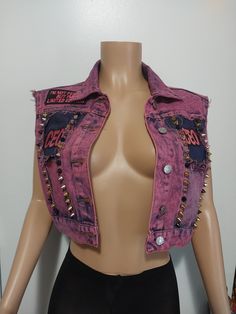 Women's Studded Unique Denim Jean Jacket -Custome Made Denim Jacket-Patch work Denim Jacket- Small Spike Jean Jacket This exclusive womens fushia pink denim jean jacket was design to make you feel comfortable,exclusive,unique, fabulous and feel like the Queen you already are!This unique fushia pink dye jean jacket includes pink patch work phrases to make you feel like the boss you already are! Fushia pink boss jean jacket with gold pink spike studs. Button up sleeveless jean jacket. Handwash only Air dry Fitted Punk Denim Jacket For Spring, Spring Punk Denim Vest For Streetwear, Pink Denim Jacket For Streetwear, Edgy Denim Vest With Pockets For Spring, Trendy Fitted Denim Vest For Streetwear, Trendy Fitted Denim Vest For Festivals, Trendy Distressed Denim Vest For Streetwear, Distressed Dark Wash Denim Vest, Trendy Distressed Vest For Spring