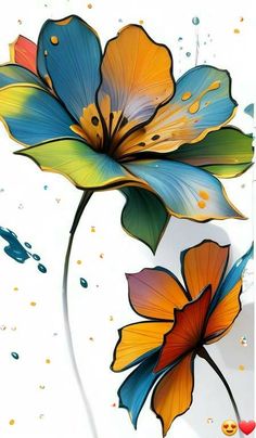 an artistic painting of two flowers on a white background with blue, yellow and orange petals